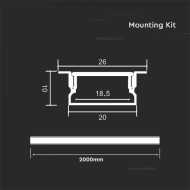 LED Strip Mounting Kit With Diffuser Aluminum 2000 x 20 x 10mm Silver Body